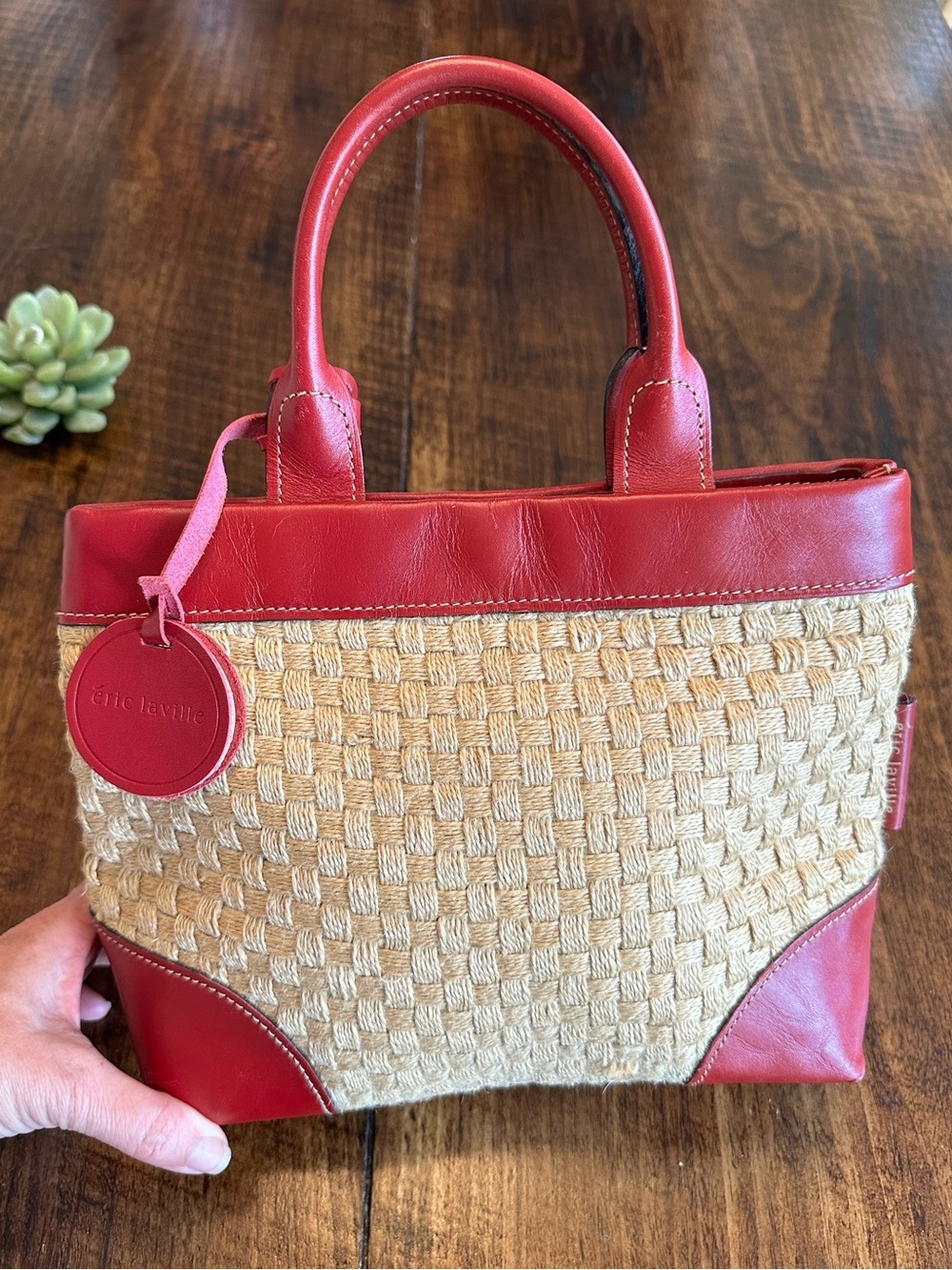 Eric Laville | Woven Natural Fiber & Red Leather Trim Top Handle Handbag